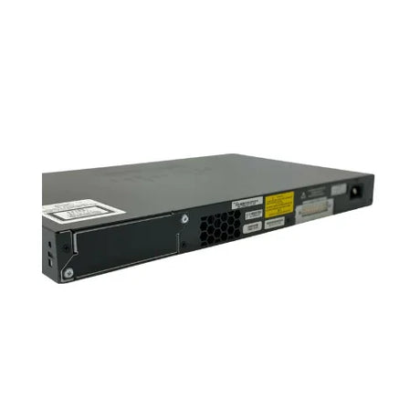 A rear view of the Cisco WS-C2960X-24TD-L 24-port Gigabit 2 x 10G SFP+ Switch by Cisco shows multiple ports, vents, a power connector, and various labels against a plain white background.