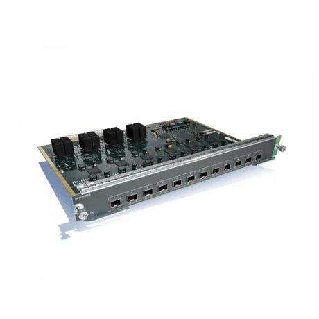 The Cisco WS-X4712-SFP+E is a 12-port 10GbE SFP module with electronic components on a green circuit board, designed for server or network device installation. Refurbished, includes 1-year warranty.