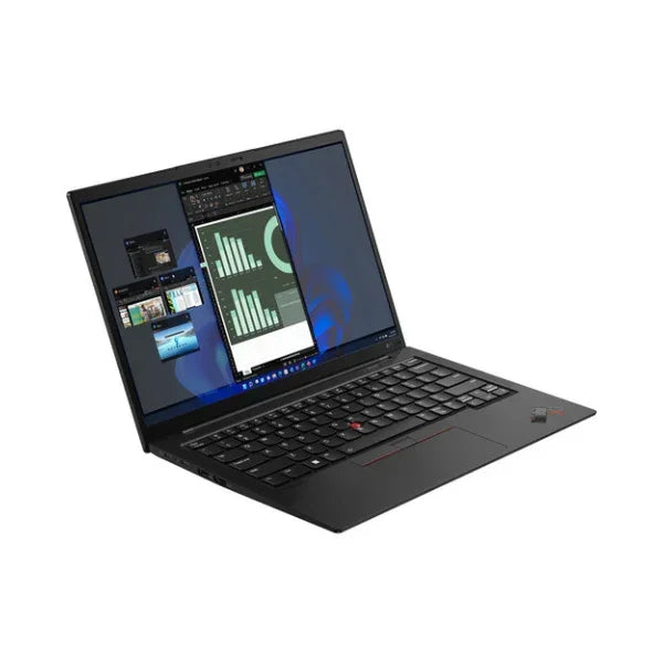 A certified refurbished Lenovo ThinkPad X1 Carbon G10 (i7-1255U, 16GB RAM, 512GB SSD, 14" display, Windows 11 Pro) is shown at an angle on a white background with its screen displaying graphs and spreadsheets.