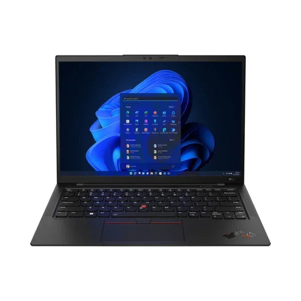 A black Lenovo ThinkPad X1 Carbon G10 with Intel Core i7-1255U, 16GB RAM, 512GB SSD, and Windows 11 Pro is open from the front, showing the centered Start menu on its 14" screen against a white background.