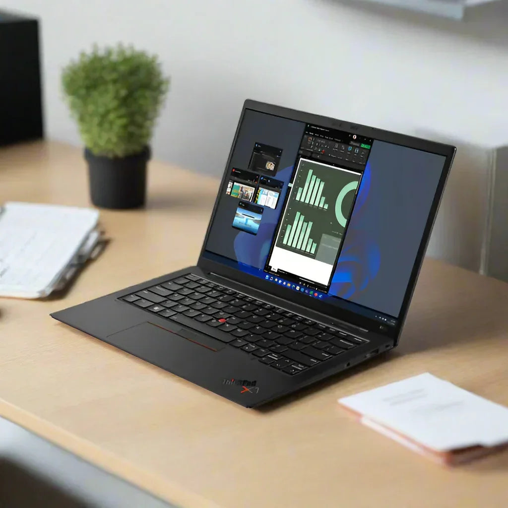 A Lenovo ThinkPad X1 Carbon G10 (i7-1255U, 16GB RAM, 512GB SSD, 14", W11P) sits on a wooden desk with charts onscreen; nearby are a potted plant, notebook with pen, and papers for an organized workspace.