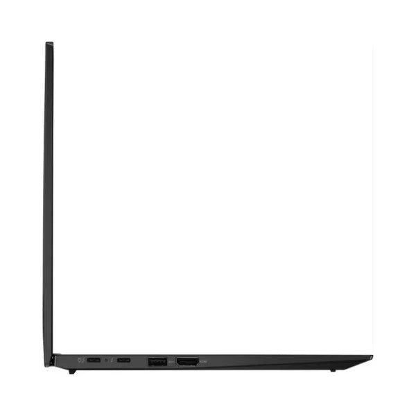 A thin, black Lenovo ThinkPad X1 Carbon G10 i7 1255U laptop is open at a 90-degree angle, shown from the left side. Visible ports include USB-C, USB-A, HDMI, and an audio jack. The background is white.