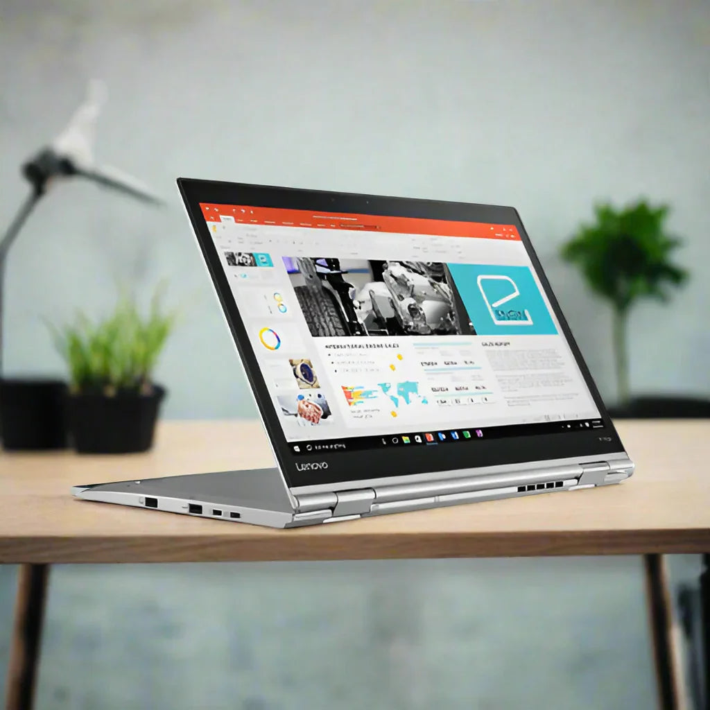 A silver refurbished Lenovo ThinkPad X1 Yoga i5 8350U 1.7GHz 8GB 256GB SSD Touch 14" W11P sits in tent mode on a wooden desk, showing a colorful PowerPoint. A small plant and desk lamp are blurred in the background.