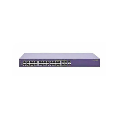 A certified refurbished Extreme Networks X440-G2-24P-10GE4 PoE+ 24-Port Managed Switch by Extreme Networks is shown against a white background, featuring 24 Ethernet ports and additional front panel ports in a purple casing.