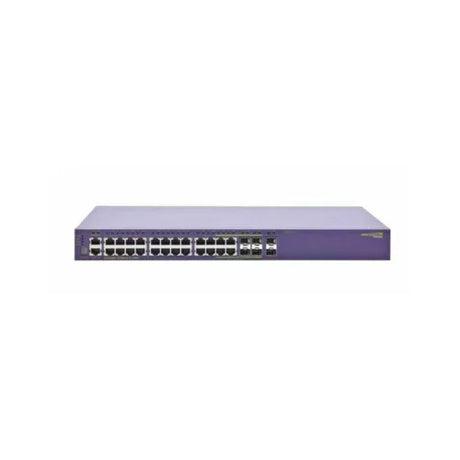 A certified refurbished Extreme Networks X440-G2-24P-10GE4 PoE+ 24-Port Managed Switch by Extreme Networks is shown against a white background, featuring 24 Ethernet ports and additional front panel ports in a purple casing.