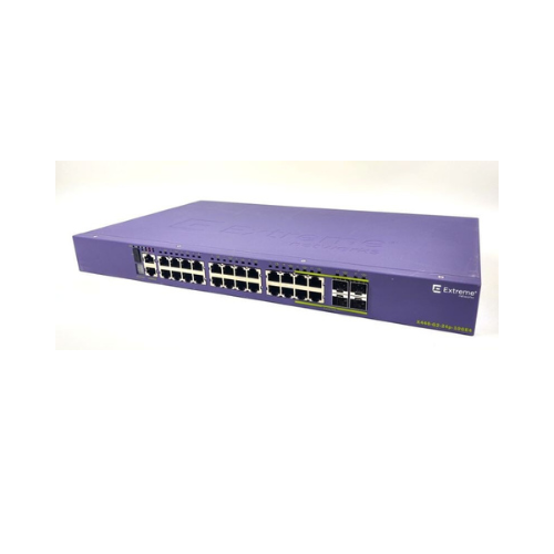 A purple Extreme Networks X440-G2-24P-10GE4 PoE+ 24-Port Managed Switch by Extreme Networks, labeled 450-24T, is displayed against a white background with multiple front-facing Ethernet ports.