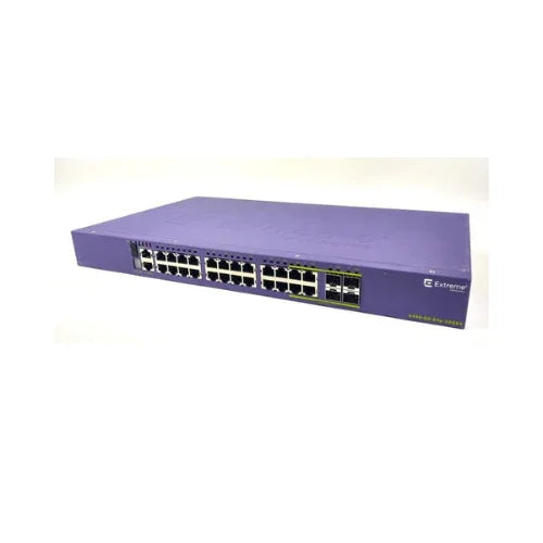 A purple Extreme Networks X440-G2-24P-10GE4 PoE+ 24-Port Managed Switch by Extreme Networks, labeled 450-24T, is displayed against a white background with multiple front-facing Ethernet ports.