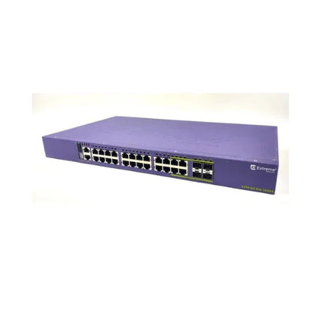 A purple Extreme Networks X440-G2-24P-10GE4 PoE+ 24-Port Managed Switch by Extreme Networks, labeled 450-24T, is displayed against a white background with multiple front-facing Ethernet ports.