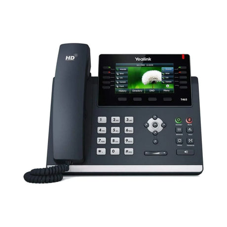 The Yealink SIP-T46S Gigabit IP Phone + Adapter | Wty by Yealink features a corded handset, color display with dandelion image, and illuminated keys—perfect for efficient business communication.