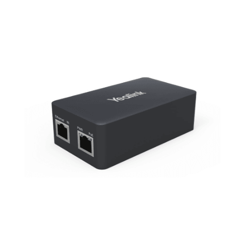 A compact, black, rectangular refurbished Yealink YLPOE30 PoE Adapter with two Ethernet ports labeled Network and PC, shown on a plain white background. Power over Ethernet support streamlines device connectivity. Brand: Yealink.
