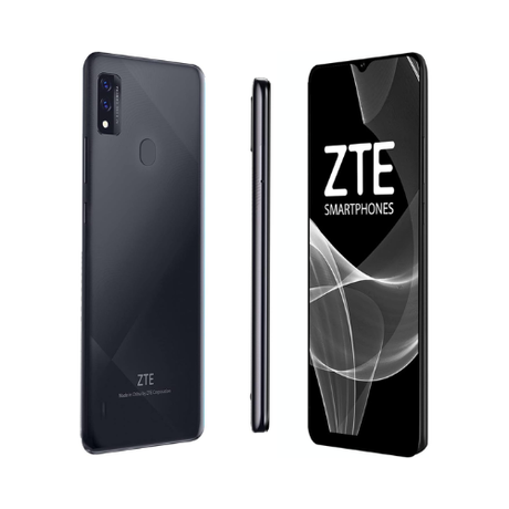 Three views of the black ZTE Blade A51 32GB 2GB RAM Unlocked 4G Dual SIM Smartphone: dual rear cameras and fingerprint sensor, sleek side, and front with ZTE logo and "SMARTPHONES" on the display.