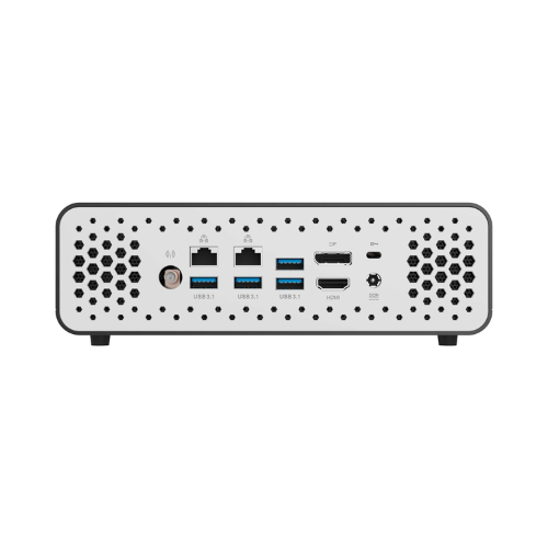 The back view of the ZOTAC Zbox CI622 Nano Mini PC shows ports like USB, HDMI, Ethernet, DisplayPort, power connectors, and side vents—ideal for an Intel i5 10210U compact build with 8GB RAM and 256GB storage.