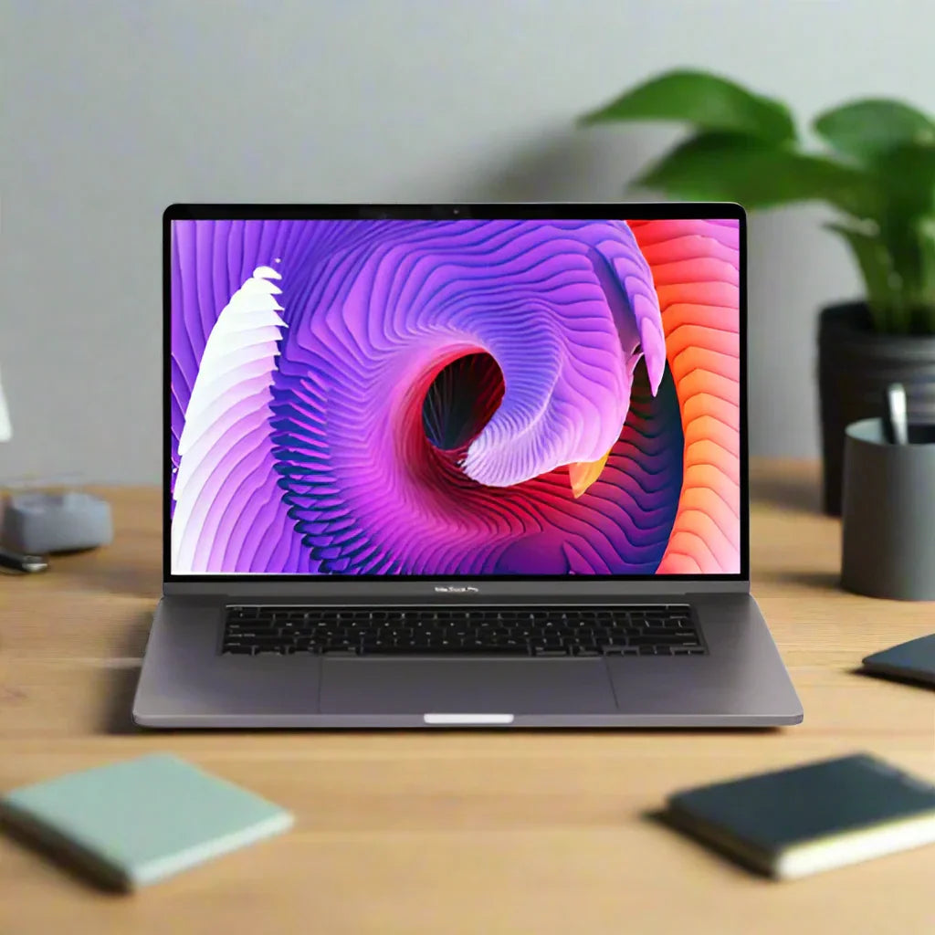 A refurbished Apple MacBook Pro 2019 A2141 (16, i7 9750H, 16GB RAM, 512GB SSD) sits on a wooden desk with notebooks, a pen holder, and a green potted plant in the background.