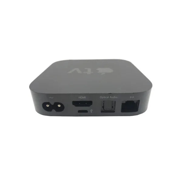 The Apple TV 3rd Gen A1469 8GB Black by Apple features power, HDMI, optical audio, and Ethernet ports on the back—ideal for upgrading your home entertainment setup. Remote not included.