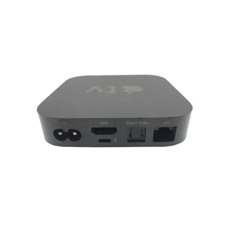 The Apple TV 3rd Gen A1469 8GB Black by Apple features power, HDMI, optical audio, and Ethernet ports on the back—ideal for upgrading your home entertainment setup. Remote not included.