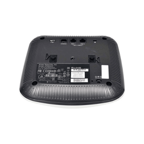 The image shows the underside of a black Aruba AP-225 Dual Radio 802.11ac Wireless Access Point, displaying various ports, indicator stickers, certifications, and ventilation slots for dual-band Wi-Fi.
