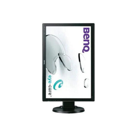 A certified refurbished BenQ BL2211 22 LCD monitor (1680x1050, DVI/VGA, 5ms, no stand) in vertical orientation displays abstract glass shapes and the words eye-care and BenQ on its screen.
