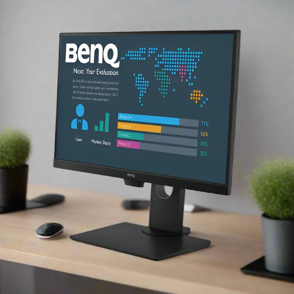 A BenQ BL2480T 23.8 IPS monitor (1920x1080, HDMI/VGA/DP, no stand) displays a dashboard with graphs, user stats, and a world map. A mouse, keyboard, and potted plants are arranged on the wooden desk.
