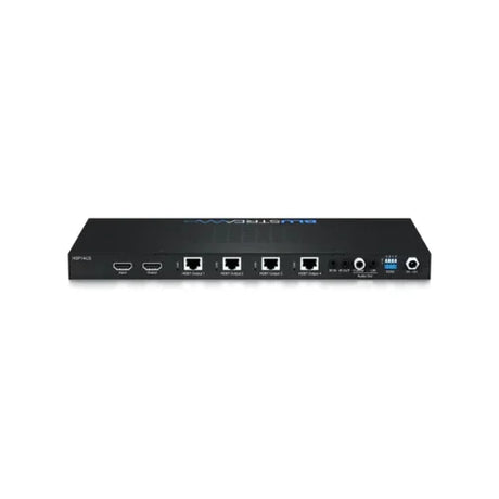 The Blustream HSP14CS 4K HDMI to 4-Way HDBaseT Splitter by Bluestream is a black professional AV device with multiple Ethernet and HDMI ports, audio jacks, control ports, and labeled buttons on the rear, shown on a white background.