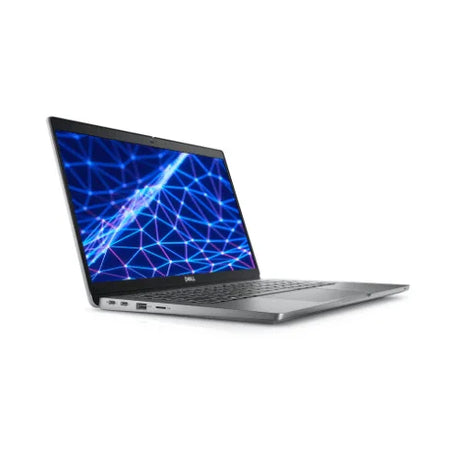 A silver Dell Latitude 5330 i5 1245U 3.3GHz 16GB 256GB SSD 13.3" Touch W11P | Wty business laptop, partially open and viewed from the left, displays a blue and pink geometric pattern on its screen with keyboard and trackpad visible.