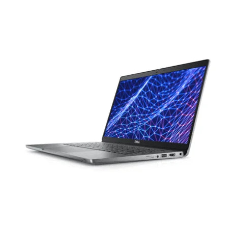 A silver Dell Latitude 5330 i5 1245U 3.3GHz 16GB 256GB SSD 13.3" Touch business laptop is open, revealing its keyboard and a screen displaying blue and pink geometric interconnected lines on a dark background.