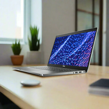 A Dell Latitude 5330 i5 1245U 13.3" Touch W11P laptop with 16GB RAM and 256GB SSD sits on a wooden desk, displaying a colorful geometric pattern, with a mouse, closed notebook, and potted plants blurred in the background.