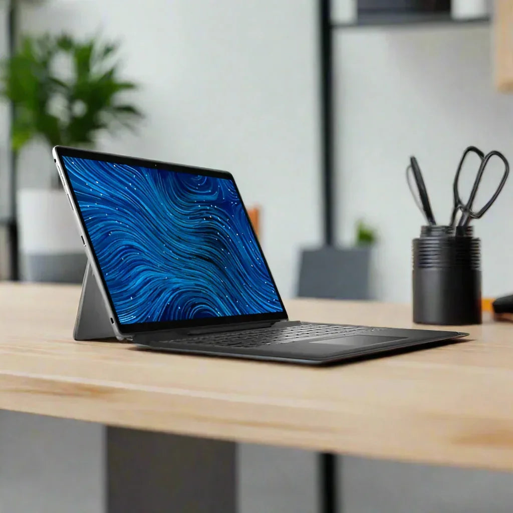 A Dell Latitude 7320 i5 1140 G7 13.3 Touch, shown on a wooden desk in a modern office beside a black cup of pens and scissors, displays a blue swirl design. Note: Keyboard not included with this model.