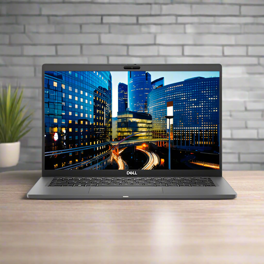 A Dell Latitude 7410 i7 laptop with 8GB RAM and 256GB SSD rests on a wooden desk, a blurred plant to the left. Its display shows a cityscape with light trails, all set before a gray brick wall background.