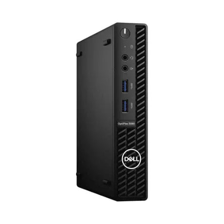 A black Dell OptiPlex 3080 USDT desktop (Intel Core i5-10500T, 16GB RAM, 256GB SSD, Windows 11 Pro) stands vertically with front ports, power button, headphone jack, and Dell logo on the lower right corner.