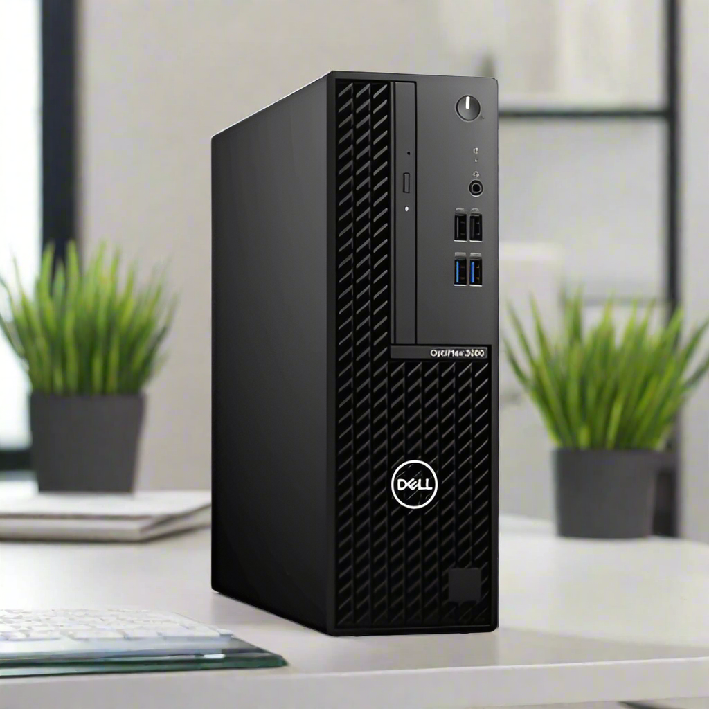 A refurbished black Dell OptiPlex 3080 SFF i5 10500 3.1GHz 16GB 256GB SSD W11P PC sits on a white desk with two small green potted plants, set against a blurred office background.