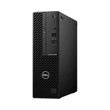 A refurbished Dell OptiPlex 3080 SFF PC in black, featuring a 10th Gen Intel Core i5-10500 3.1GHz CPU, 16GB RAM, and a 256GB SSD, with Windows 11 Pro installed; front USB ports and ventilation visible against a white background.