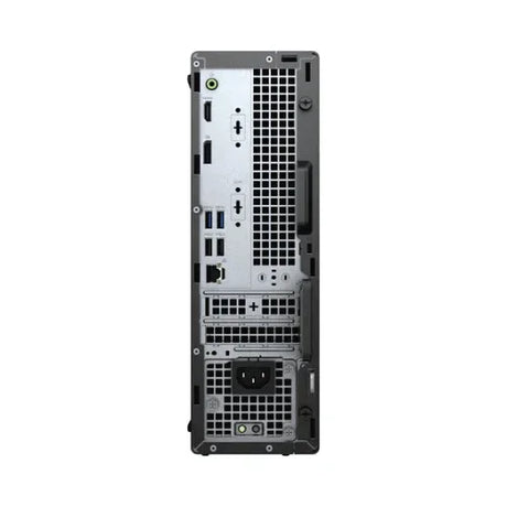 The image displays the rear view of a Dell OptiPlex 3080 SFF desktop with Intel i5-10500, showing ports, vents, expansion slots, audio jacks, USB ports, Ethernet port, and power connector.