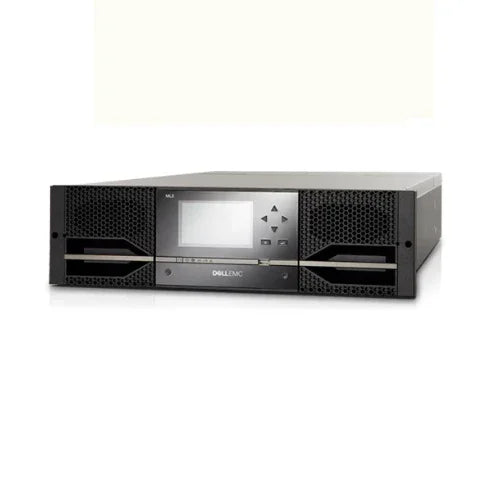 A Dell EMC ML3 3555-L3A Tape Library by Dell with 14x 15TB LTO-7 Ultrium drives, rack-mounted, featuring a central LCD screen, navigation buttons, and ventilation grills, displayed on a white background.