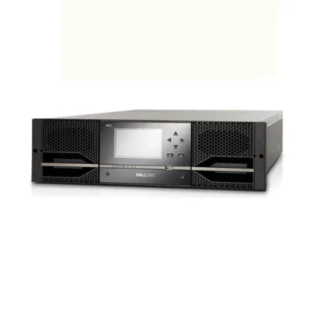 A Dell EMC ML3 3555-L3A Tape Library by Dell with 14x 15TB LTO-7 Ultrium drives, rack-mounted, featuring a central LCD screen, navigation buttons, and ventilation grills, displayed on a white background.