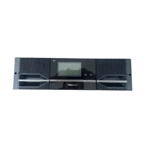 Front view of a Dell EMC ML3 3555-L3A Tape Library by Dell, featuring central display, control buttons, and ventilation grills. Equipped with 14x 15TB LTO-7 drives, ideal for enterprise backup. Photographed on a white background.