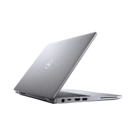 A silver Dell Latitude 5310 with Intel i5-10310U, 16GB RAM, and 256GB SSD is partially open and viewed from the back left, showing its ports and Dell logo. This 13.3 business laptop runs Windows 11 Pro against a plain white background.