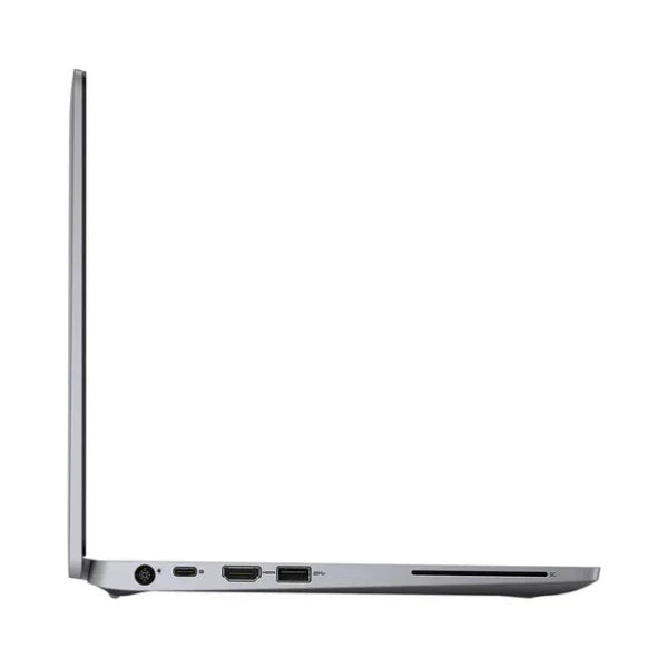 A slim silver Dell Latitude 5310 (i5 10310U, 16GB RAM, 256GB SSD, 13.3) is shown left-side view with visible power, HDMI, USB, and SD card ports. The screen is open at a right angle on a white background. Runs Windows 11 Pro.