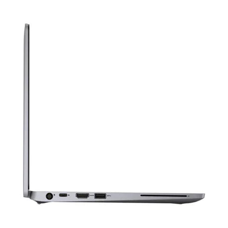 A slim silver Dell Latitude 5310 (i5 10310U, 16GB RAM, 256GB SSD, 13.3) is shown left-side view with visible power, HDMI, USB, and SD card ports. The screen is open at a right angle on a white background. Runs Windows 11 Pro.