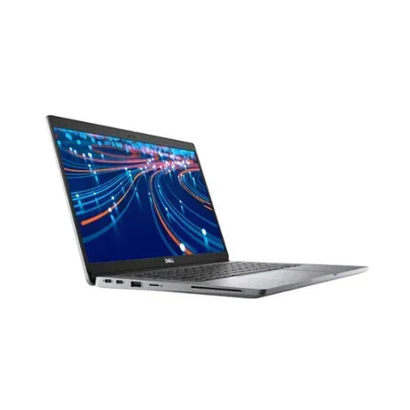 A refurbished Dell Latitude 5320 i5 1145G7 with a black keyboard and silver finish is open and turned on, showing vibrant abstract light trails on its 13.3 screen. The front left view highlights its sleek business design.