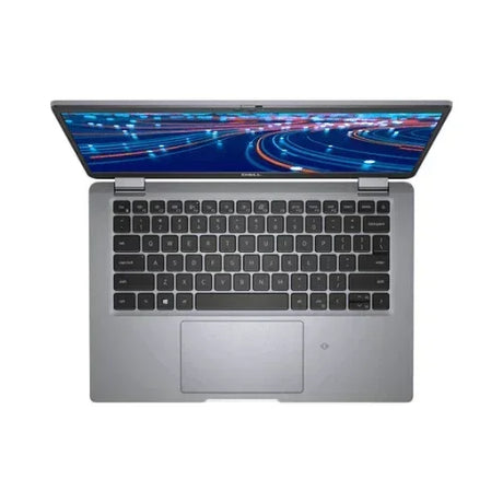 A refurbished Dell Latitude 5320 i5 business laptop with black keyboard, large trackpad, and a 13.3 display showing a colorful abstract pattern. Specs: i5-1145G7, 16GB RAM, 256GB SSD, Windows 11 Pro. Brand: Dell.