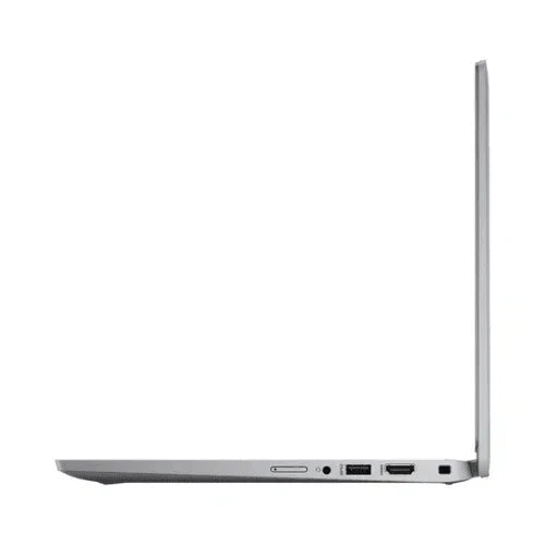 A slim, silver Dell Latitude 5320 (i5 1145G7, 16GB RAM, 256GB SSD, 13.3 W11P) is open at a right angle from the left side, highlighting its thin profile and multiple ports like USB, HDMI, and a card slot.