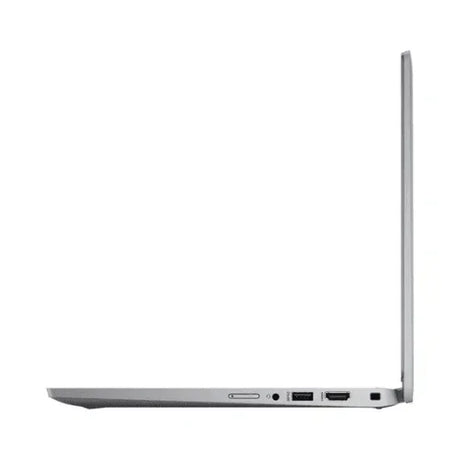 A slim, silver Dell Latitude 5320 (i5 1145G7, 16GB RAM, 256GB SSD, 13.3 W11P) is open at a right angle from the left side, highlighting its thin profile and multiple ports like USB, HDMI, and a card slot.