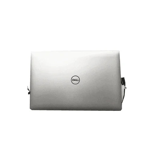 A closed, silver Refurbished Dell Precision 5530 3FY9C is seen from the back with a centered Dell logo and black charger on the right. Its sleek 15.6" 3840x2160 touch screen design stands out against a plain white background.