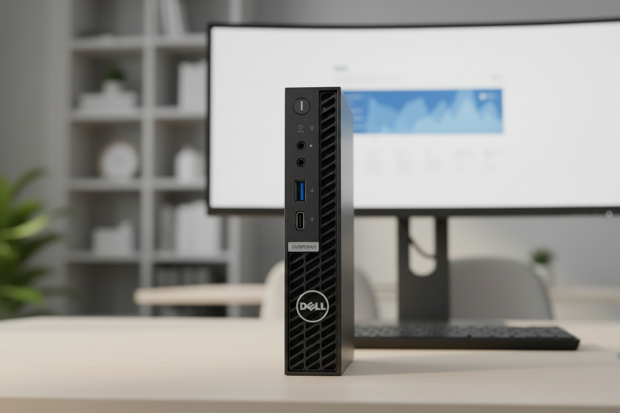 Front view of a Dell OptiPlex 7000 Micro i5 12500T 2GHz, compact black desktop with 16GB RAM, 512GB SSD, WIFI, USB ports, audio jacks, power button, and Dell logo on a vented panel.