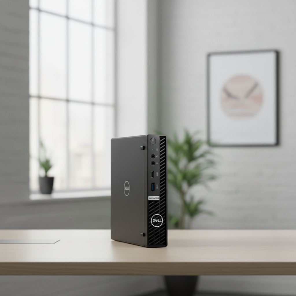 Front view of a refurbished Dell OptiPlex 7090 USDT desktop, featuring an Intel Core i5-11500T 1.5GHz processor, visible power button, audio and USB ports, the Dell logo, 16GB RAM, 512GB storage, WiFi, and Windows 11 Pro.