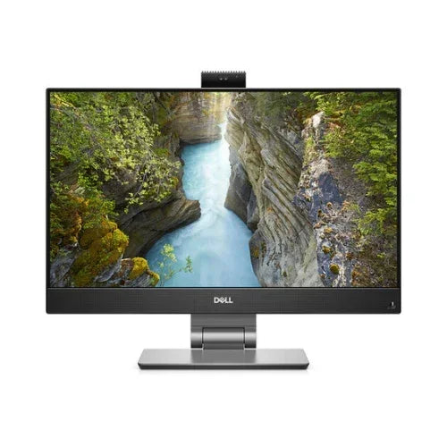 A Dell Refurbished OptiPlex 7480 AIO with Intel i5-10500, 8GB RAM, 256GB SSD, and a 23 display is shown on a sturdy stand, featuring Windows 11 Pro and webcam. Certified refurbished for reliable performance.