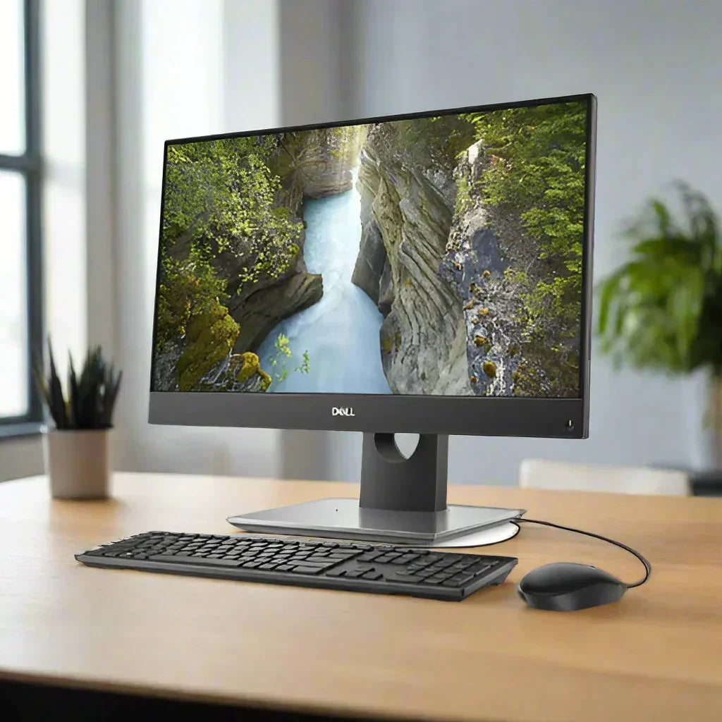 A Dell Refurbished OptiPlex 7480 AIO with Intel i5 10500, 8GB RAM, 256GB SSD, and a 23 display, shown with a black keyboard and wired mouse on screen, running Windows 11 Pro.