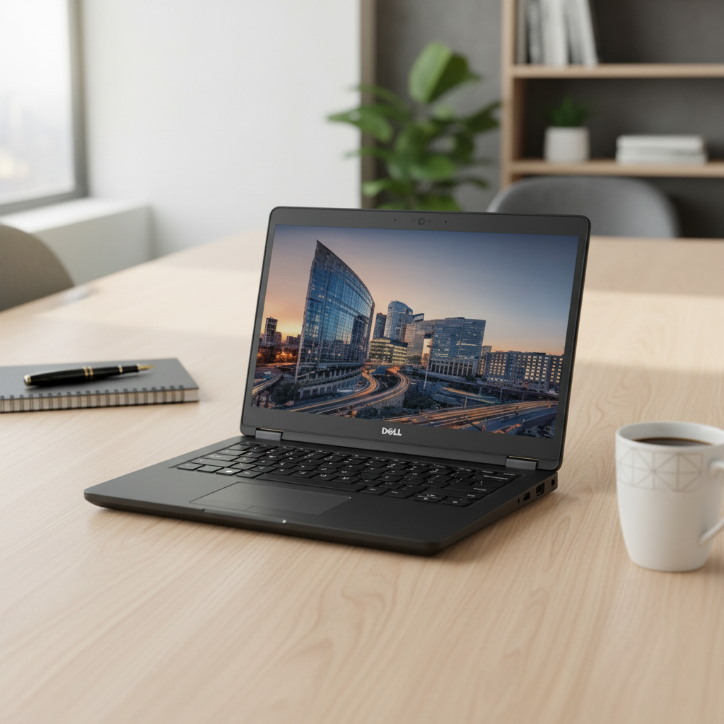 A black Dell Latitude 5480 laptop, powered by an Intel Core i5 7300U processor with 8GB RAM and 128GB SSD, is open and turned on, shown from the front against a white background. The display features a cityscape with modern buildings.