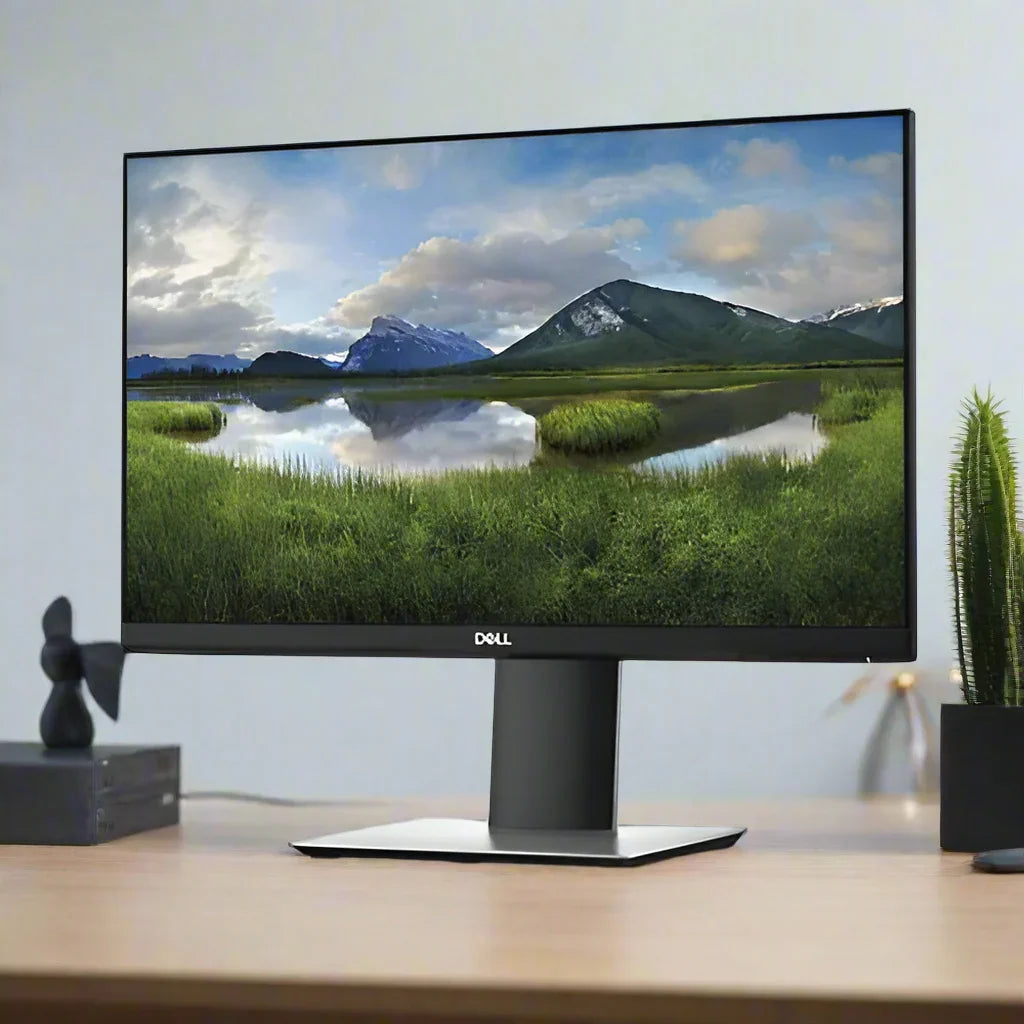 A certified refurbished Dell P2219H 21.5" IPS 1920x1080 monitor (no stand) displays a scenic landscape of green hills, water, and mountains on a wooden desk beside a small black fan, pen, and potted cactus.
