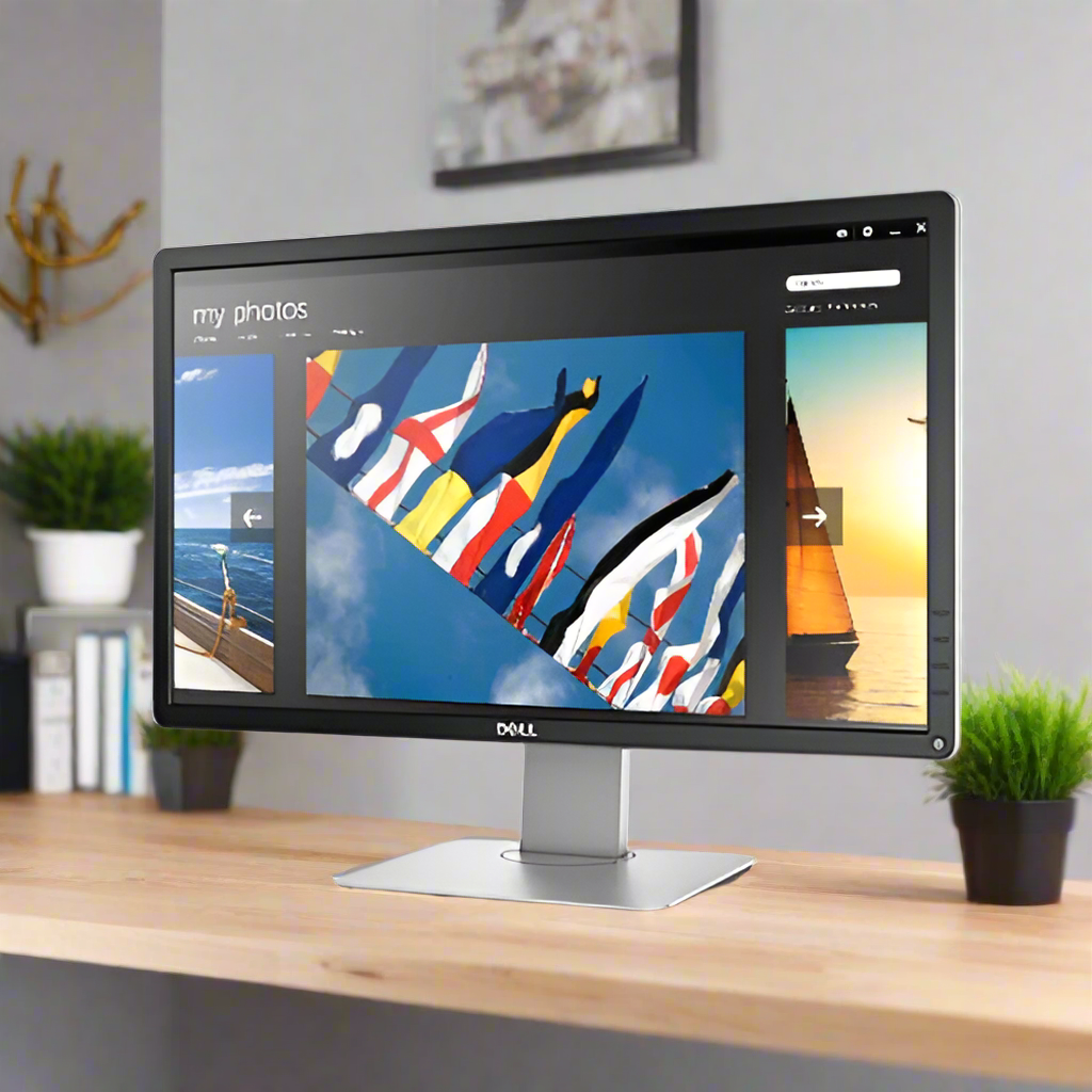 A Dell P2314H IPS 23 1920x1080 monitor sits on a wooden desk, showing a photo gallery with sailing images and flags. Two small potted plants decorate the desk, with coat hooks and a blurred wall in the background.
